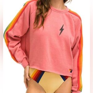 Aviator Nation Pink Lightning Bolt Sweatshirt with Rainbow Stripes - Size XS